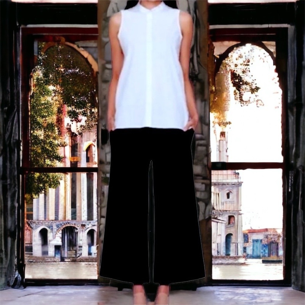 $158 Eileen Fisher Shirt Cool Mandarin Collar Stretch Lawn Petite Small P6 P8